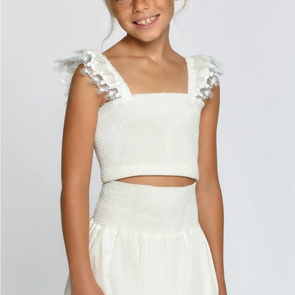 Girls White Ruffle Strap Top and Skirt Set